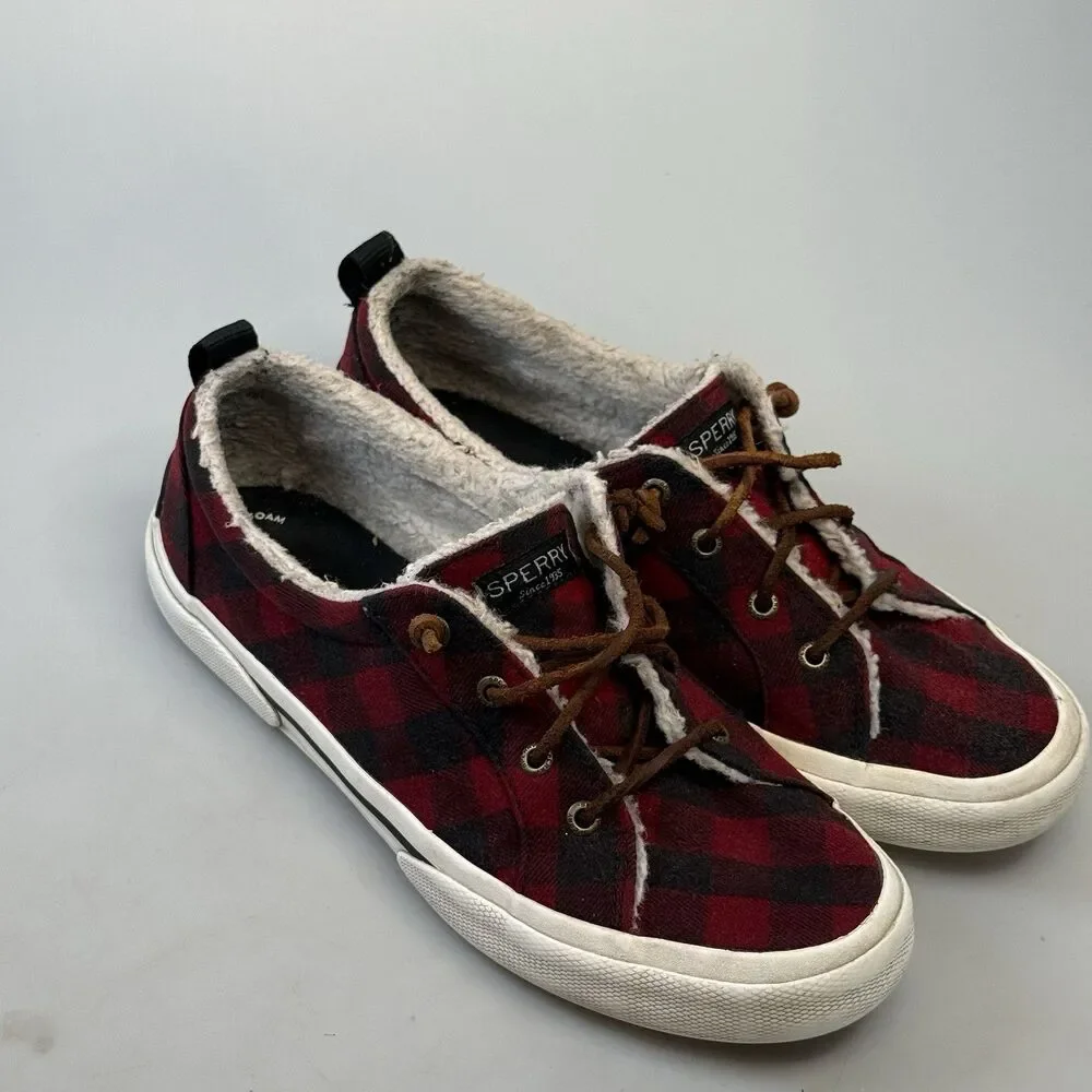 Sperry Top Sider Size 8.5 Buffalo Red Plaid Faux Wool Sneakers Womens Shoes